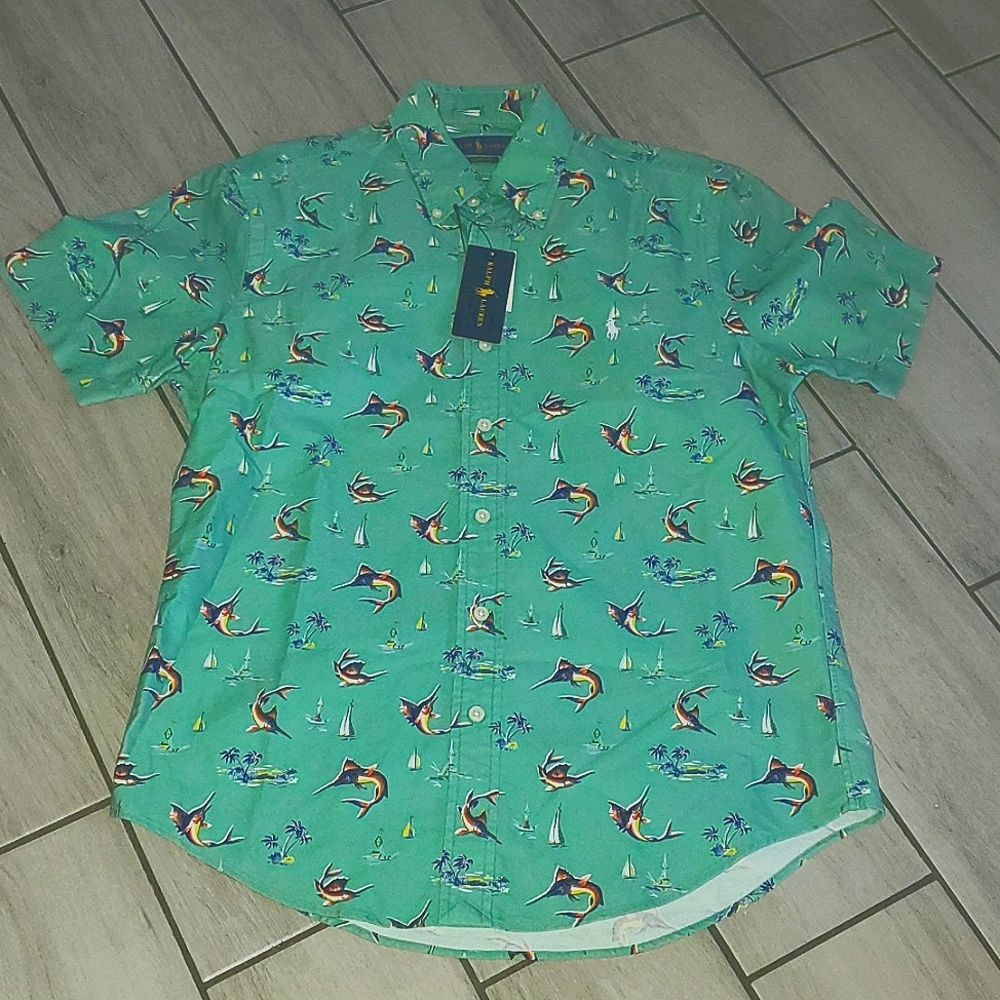 Polo Ralph Lauren Mens Green Beach-Themed Button Down SM